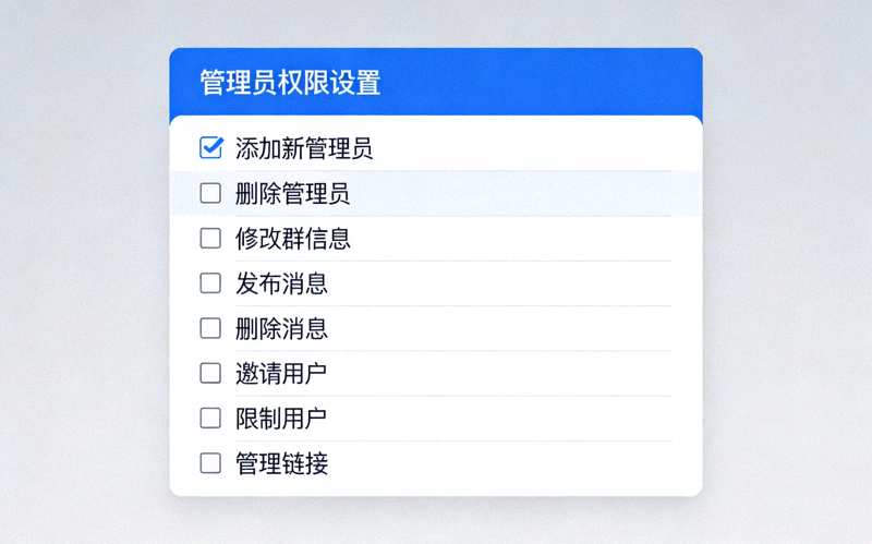 Telegram电脑版管理员权限设置面板，展示各种可勾选的权限选项列表