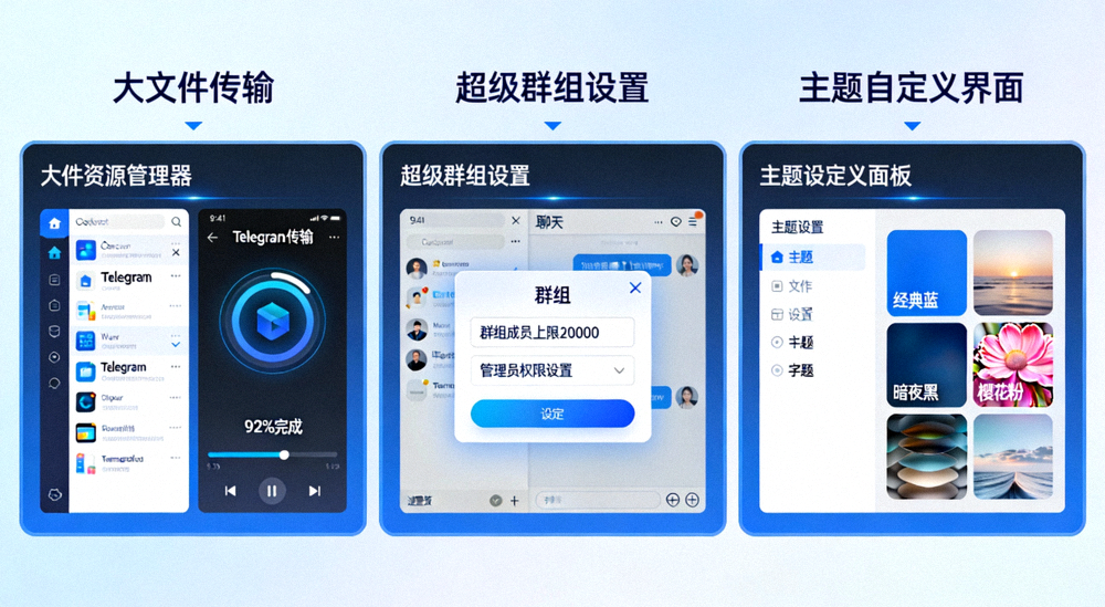 Telegram电脑版核心功能展示：大文件传输、超级群组设置和主题自定义界面
