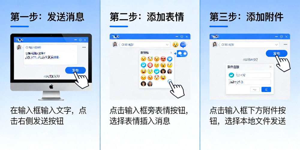 Telegram电脑版基础操作示意图，展示发送消息、添加表情和附件的流程