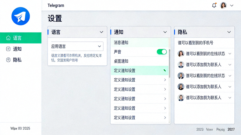 Telegram电脑版设置界面截图，展示语言、通知、隐私等主要设置选项