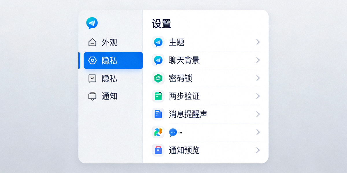 Telegram电脑版设置页面截图，展示外观、隐私、通知等多个设置分类