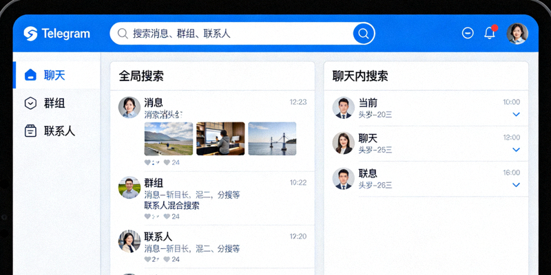 Telegram电脑版搜索功能界面，展示全局搜索与聊天内搜索的区别