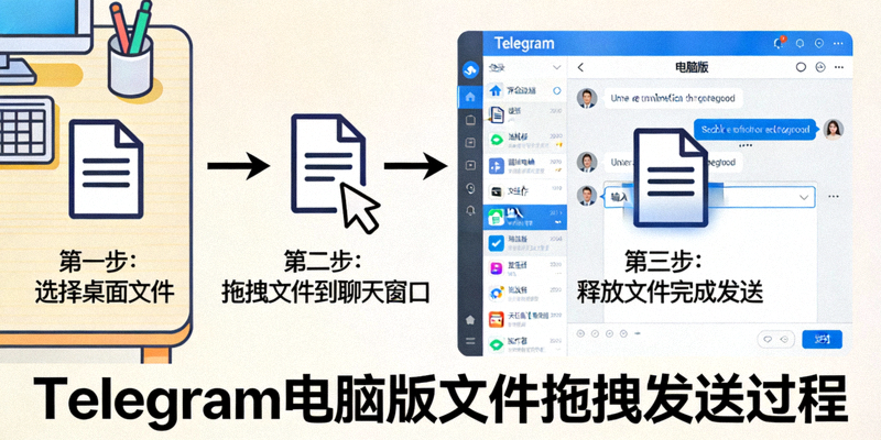Telegram电脑版文件拖拽发送过程示意图，展示从桌面拖拽文件到聊天窗口