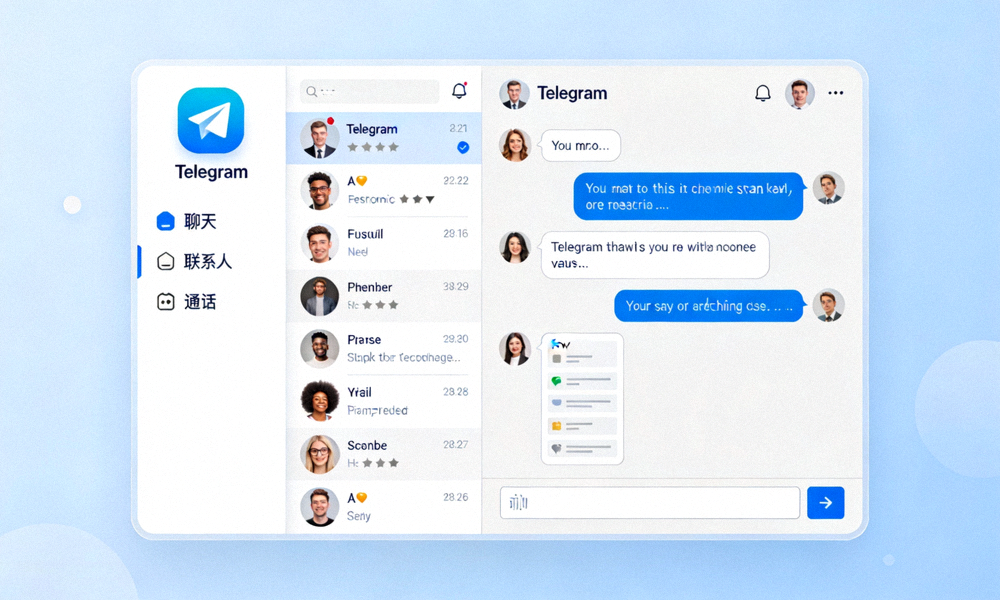 Telegram电脑版主界面全览图，展示侧边栏、聊天列表和主聊天窗口