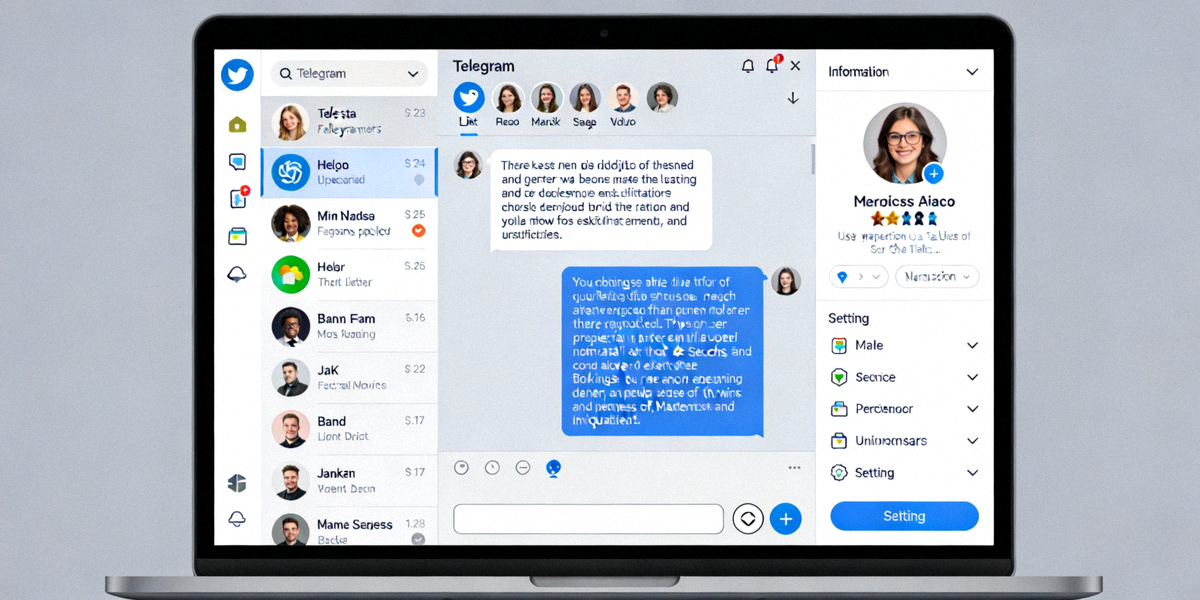 Telegram电脑版主界面全貌，清晰展示左侧聊天列表、中间聊天窗口和右侧信息面板