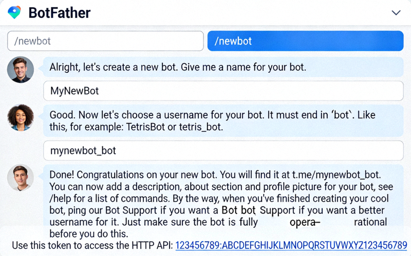 与BotFather对话创建新机器人的过程截图，展示命令与API Token