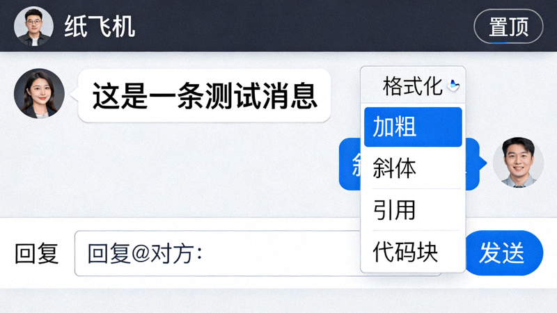 纸飞机中文版聊天窗口截图，展示消息格式化、回复、置顶等操作按钮