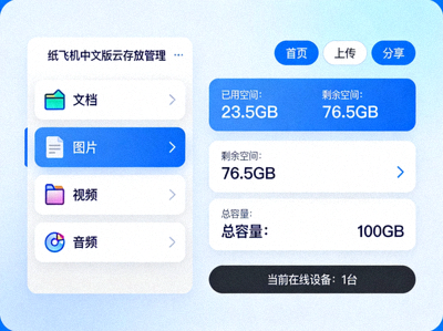 纸飞机中文版云存储管理界面概览，展示文件分类与存储空间信息