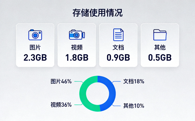 纸飞机中文版设置菜单中的存储使用情况页面，展示各类文件占用的云空间统计
