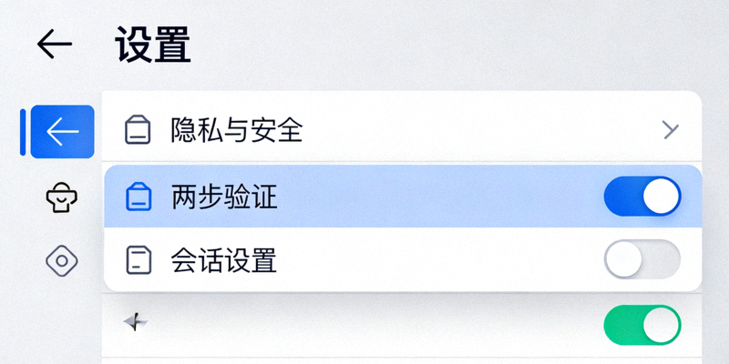 纸飞机中文版设置菜单中隐私与安全选项的高清截图，突出显示两步验证和会话设置